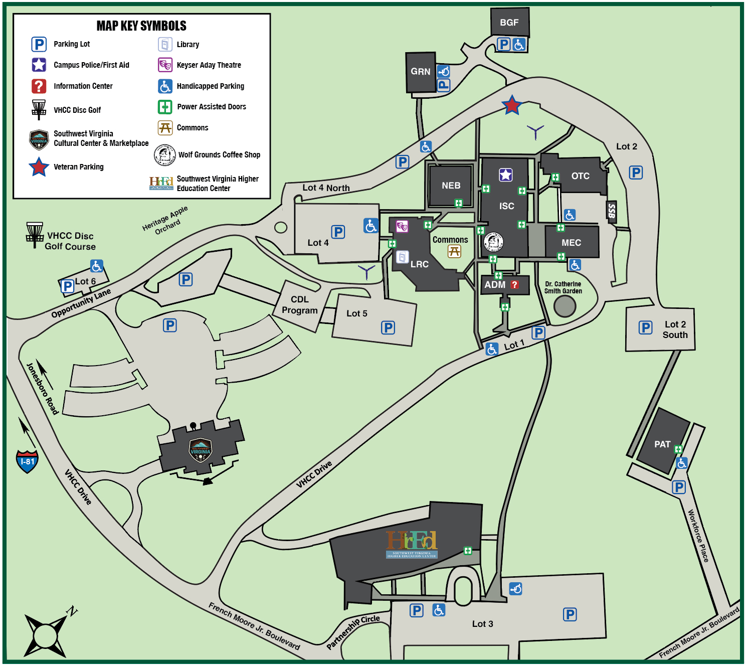 VHCC Campus Map - Over all view of campus with Map Key Symbols