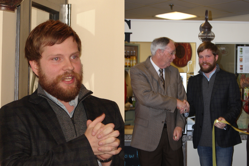 Split-screen photo: on the left, a close-up of a bearded man in a dark blazer speaking with clasped hands; on the right, the same man shakes hands with an older man in a brown suit at a ribbon-cutting event.