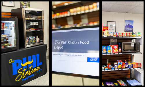 A three-panel photo collage showcasing "The Phil Station Food Depot" (Food Depot at VH), including two packed-shelves mini-fridges on a branded table, a tablet check-in screen, and well-stocked dry goods shelving with a microwave.