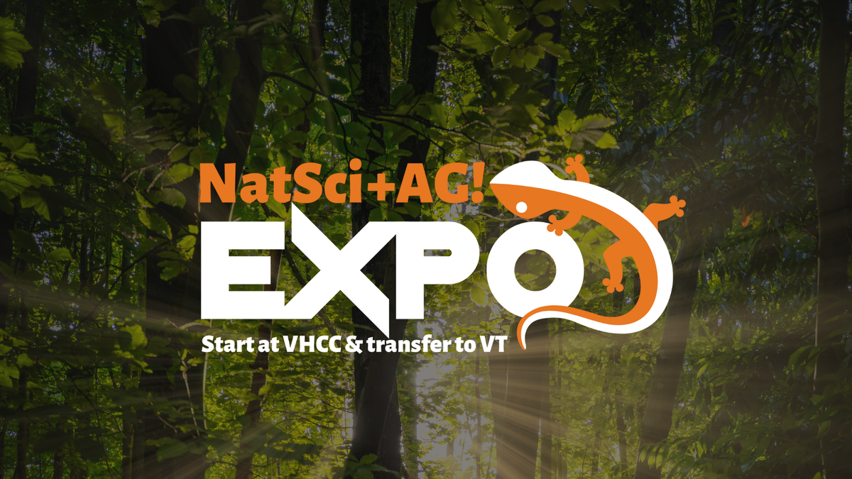 NatSci + Ag Expo - Start at VHCC and transfer to VT text set against a sunlit forest background