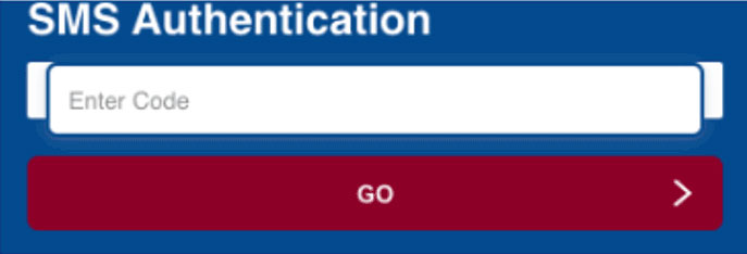 SMS Authentication input field with an Enter Code placeholder and a red GO button