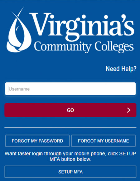 Virginia's Community Colleges system login screen featuring the VCCS logo
