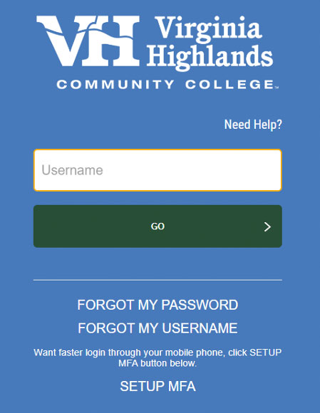 Virginia Highlands Community College login screen featuring the VH logo