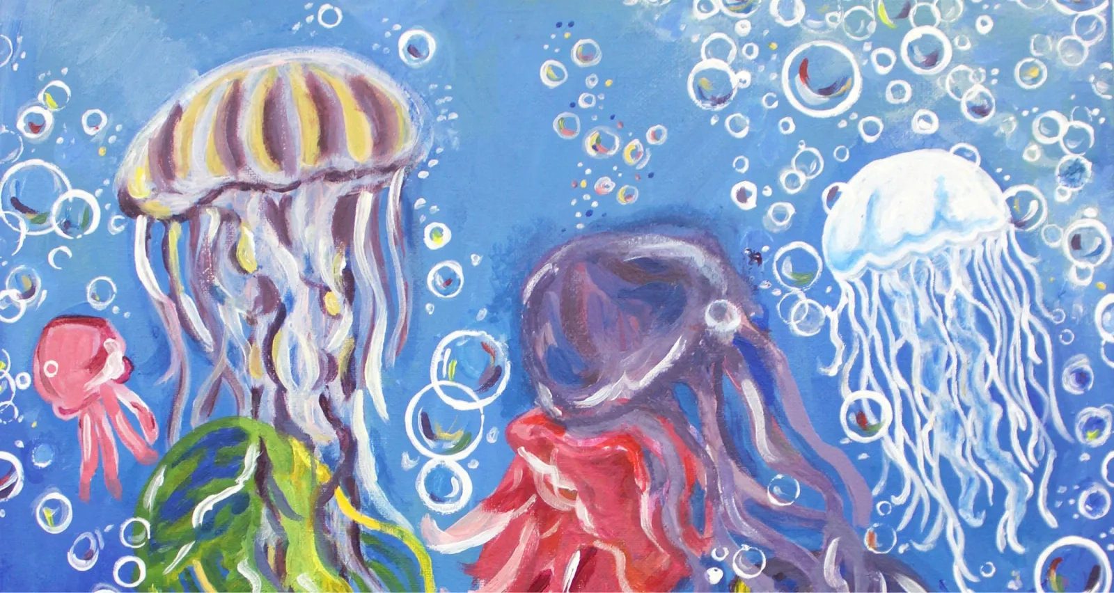 A colorful painting of various jellyfish and bubbles in a vibrant blue ocean