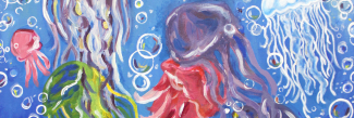 Vibrant underwater-themed painting of jellyfish, used as the promotional artwork for the Arts Array Spring 2026 season.