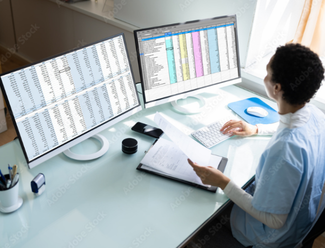 Woman seated at a desk with two computer monitors